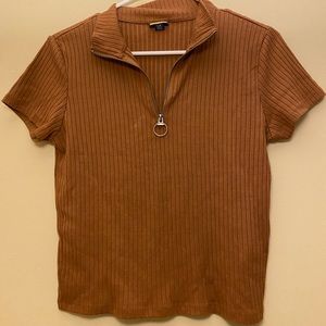 CROPPED BROWN HALF ZIPPED TOP- $12